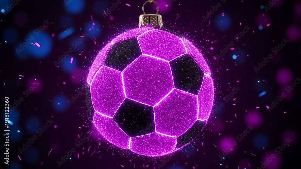 Fototapeta premium Glowing purple soccer ball ornament sparkles with neon light against a dark background