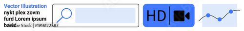 Web design, user interface, media, search functionality, data visualization, content tools. Search bar with magnifying glass, HD video icon and analytics chart. User interface and media concepts