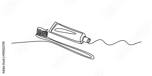 Continuous line drawing of a toothbrush and a tube of toothpaste for dental care. Vector, illustration