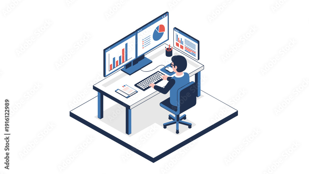 Fototapeta premium Isometric workspace: analyzing data on dual monitors with modern office setup