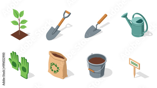 Essential gardening tools and accessories icons in isometric style for outdoor enthusiasts