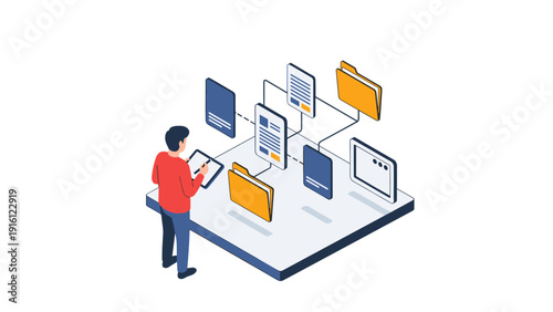 Isometric digital file management concept with person interacting on tablet