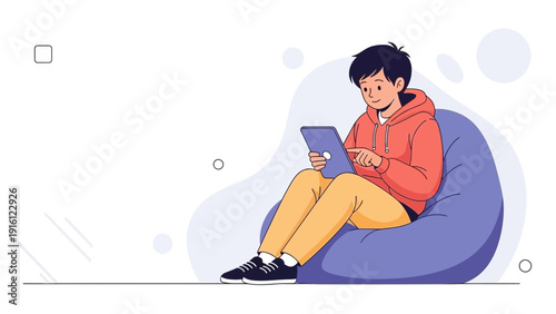 Young man in hoodie using tablet while sitting on bean bag chair, flat illustration