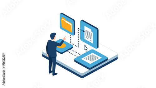 Isometric data transfer concept with businessman pointing at documents and folders on digital devices