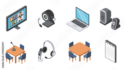 Isometric office equipment set: video conference, laptop, speakers, microphone, headset, notebook, meeting table