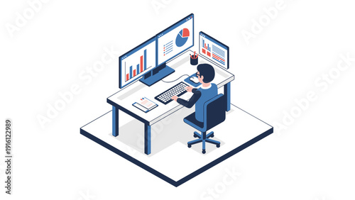 Isometric workspace: analyzing data on dual monitors with modern office setup