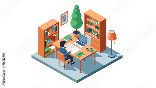 Cozy home office isometric design with laptop and bookshelves