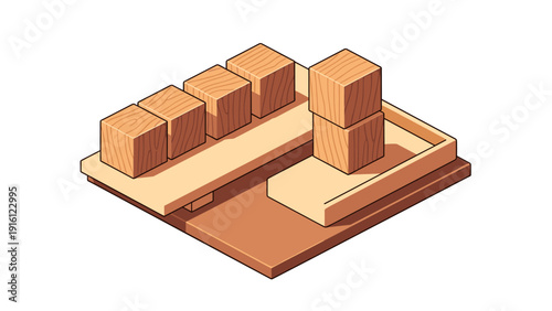 Isometric wooden block puzzle set on white background