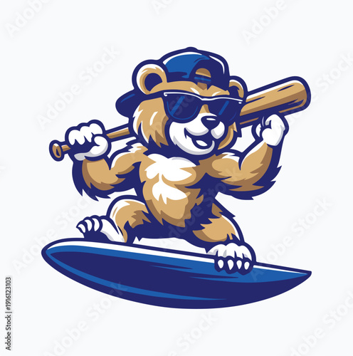 Cool cartoon bear mascot wearing sunglasses and a baseball cap masterfully surfing while holding a wooden bat ready for action sport illustration