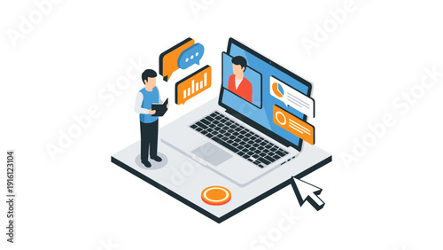 Isometric virtual meeting with laptop and chat elements for online communication