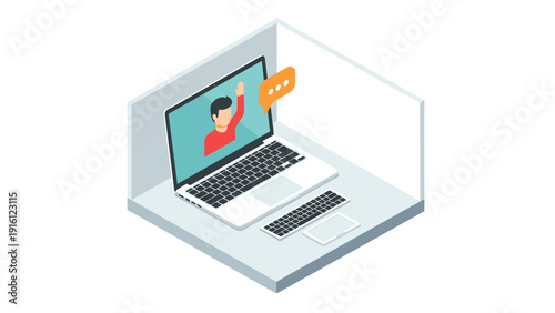 Virtual meeting in isometric style with laptop and chat interaction