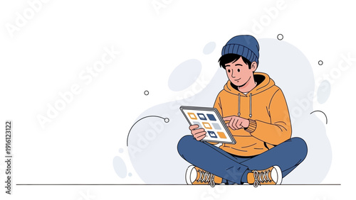 Young boy in beanie and hoodie using tablet, cross-legged on floor