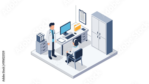 Isometric doctor's office scene: consultation with patient in modern medical setting