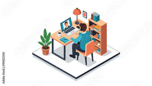 Isometric home office setup with desk and computer for remote work