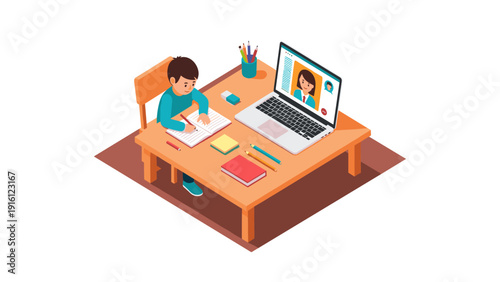 Child engaged in online learning with laptop and books on a wooden desk