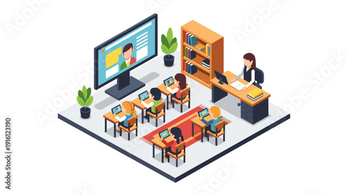 Isometric classroom with digital learning and teacher at desk