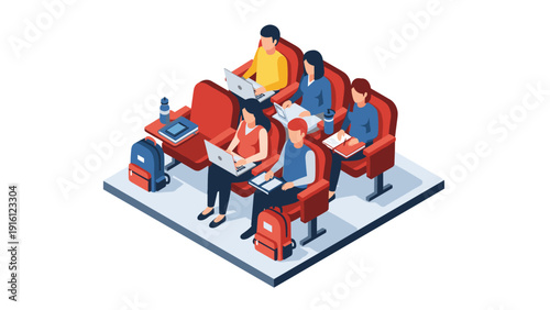 Isometric modern classroom with students on laptops and tablets
