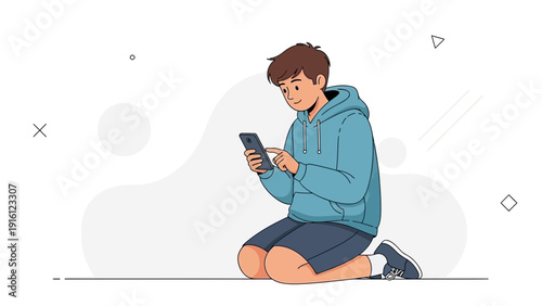 Young Boy Using Smartphone, Kneeling, Digital Communication, Modern Lifestyle