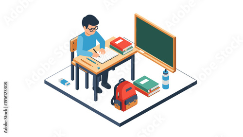 Student studying at desk with books and blackboard in isometric style