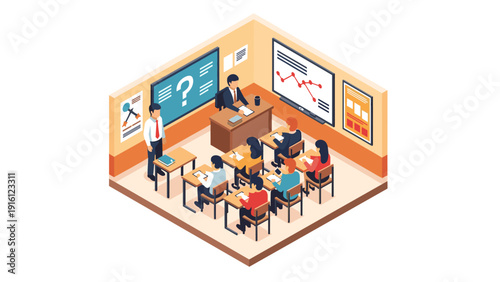 Isometric classroom scene with teacher and students learning in modern school setting