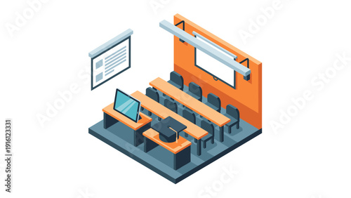 Modern isometric classroom design with digital and traditional learning elements