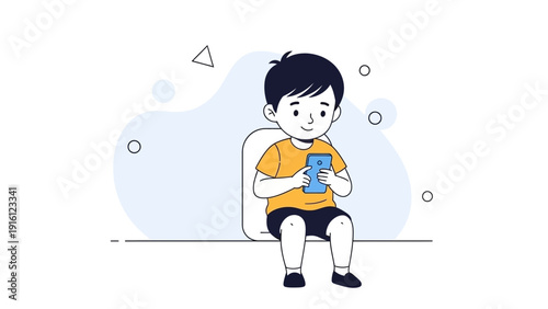 Young Boy Using Smartphone, Sitting, Digital Entertainment, Flat Design