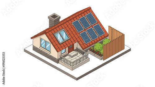 Charming isometric house with solar panels and garden