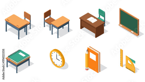 Isometric school supplies and classroom furniture set for educational design