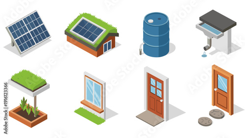 Sustainable isometric home features with solar panels and green roof
