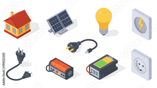 Renewable energy and electrical devices in isometric design for sustainable living