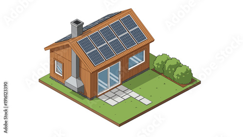 Sustainable eco-friendly house with solar panels in isometric style