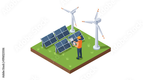 Isometric renewable energy technology with engineer, solar panels, and wind turbines