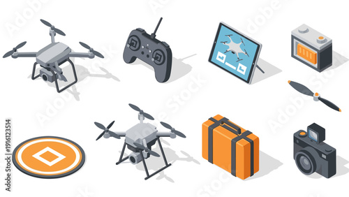 Isometric drone equipment set: control, accessories, tech gadgets in modern design
