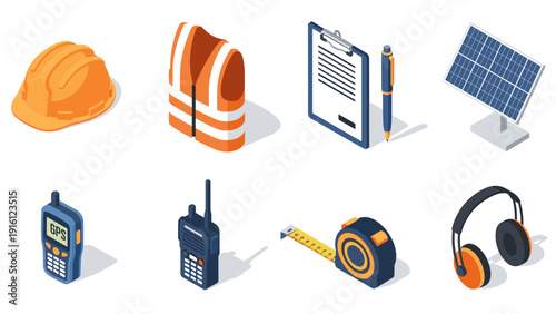 Essential construction and technology tools in modern isometric design