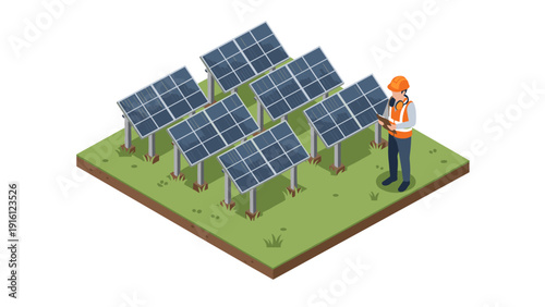 Renewable energy technician inspecting solar panels in isometric design