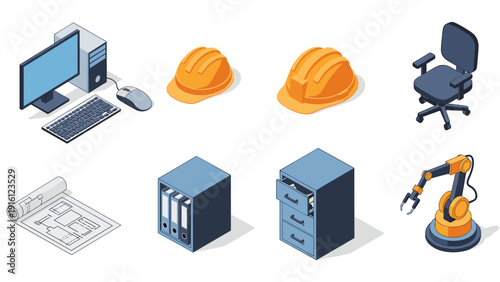 Isometric office and construction tools set with helmets and robotic arm