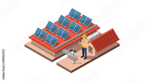 Isometric solar panel installation with worker on rooftop