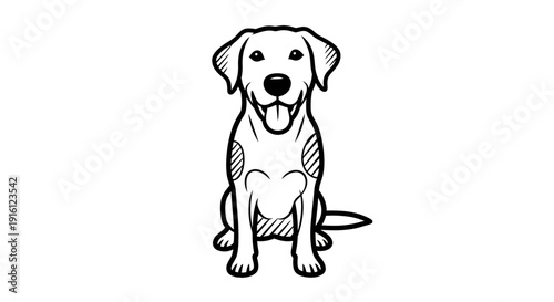 A sitting dog looks forward with its mouth open in a friendly illustration.