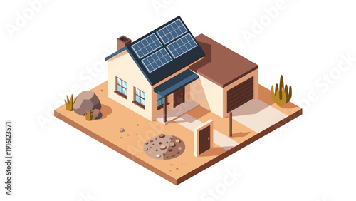 Isometric solar-powered modern house exterior in desert landscape