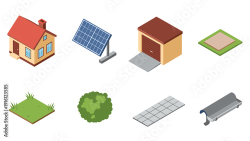 Isometric set: house, solar panel, garage, lawn, bush, pavement, bench
