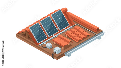 Isometric design of solar panels on a tiled roof with wiring and orange tiles