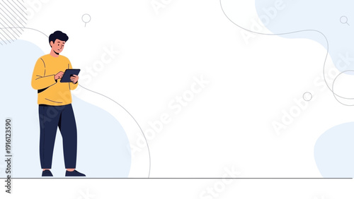 Young man holding tablet, modern flat design, copy space, technology concept