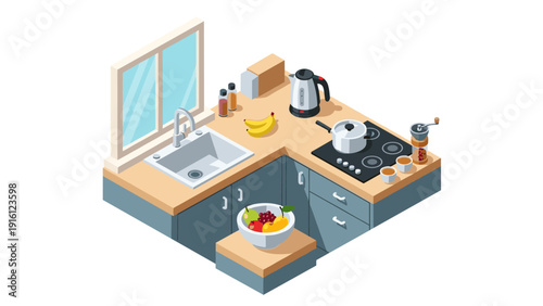 Isometric modern kitchen corner with appliances and accessories