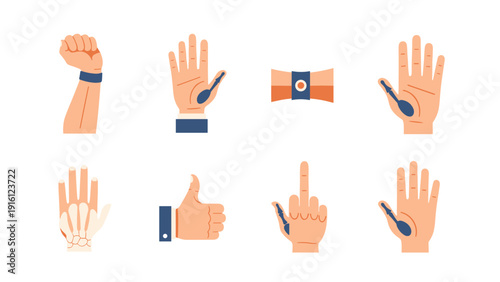 Diverse hand gestures in modern flat style with smart tracker bands