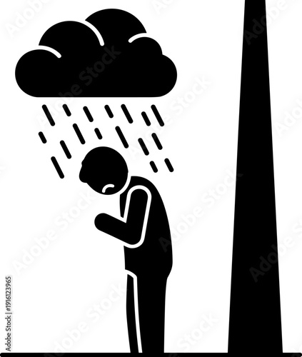 Depressed Man Silhouette Standing Under Rain Cloud Symbolizing Loneliness, Mental Health Struggles, Emotional Pain and Sadness Concept Illustration