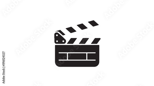 Clapperboard icon in simple flat design with bold lines and monochromatic color scheme on white background for film industry