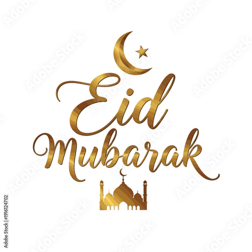 Golden script celebrating a joyous Islamic festival, adorned with a crescent moon, star, and mosque illustration, symbolizing blessings and peace