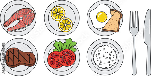 Healthy food and dinner icons set, flat vector illustrations of salmon steak, grilled meat, fried egg with toast, rice bowl, lemon slices and tomato salad isolated on white background.