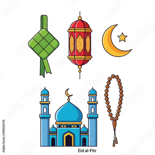 Eid al-Fitr celebration symbols including a mosque, crescent moon, lantern, prayer beads, and Ketupat