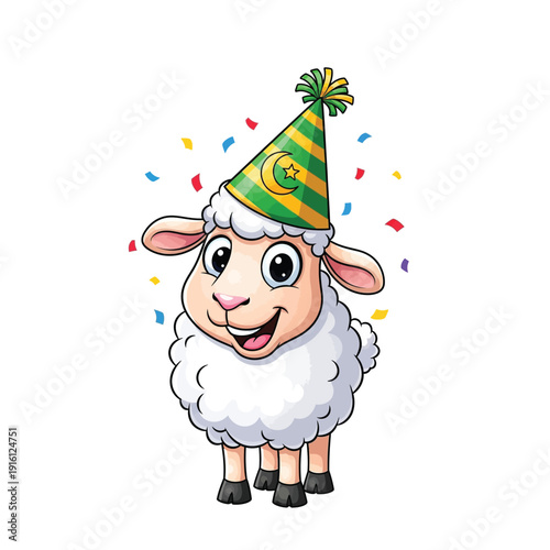 A cheerful cartoon sheep wearing a festive party hat adorned with Islamic symbols, celebrating happily amidst a flurry of confetti